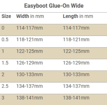 EasyBoot Glue-On Wide Size Chart