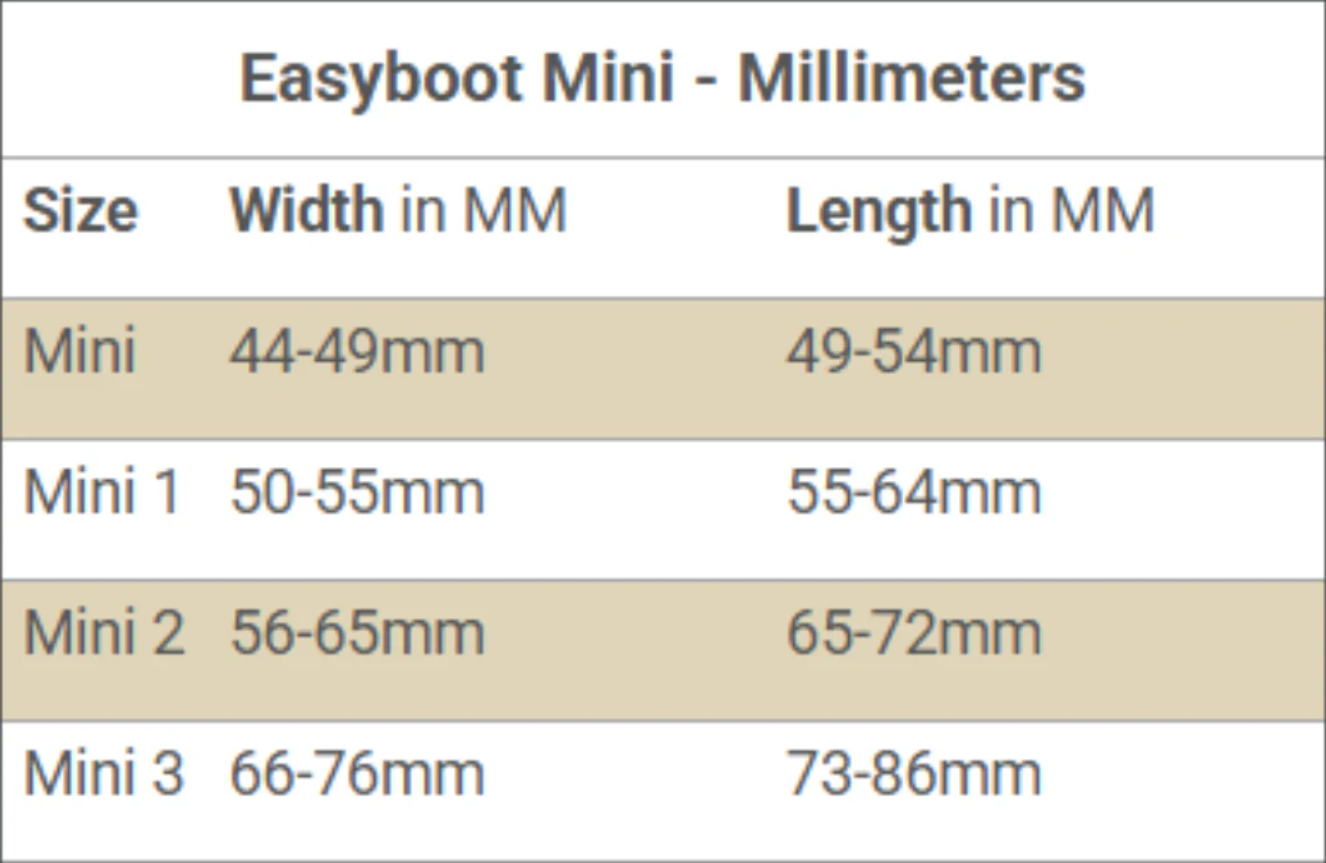 EasyBoot Mini Size Chart