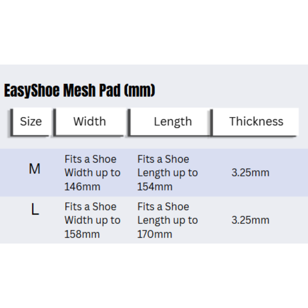 EasyShoe Mesh Pad Size Chart