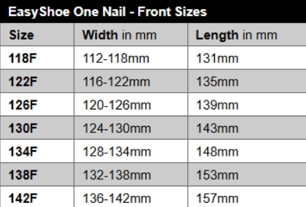 EasyShoe One Nail Size Chart - Front Sizes