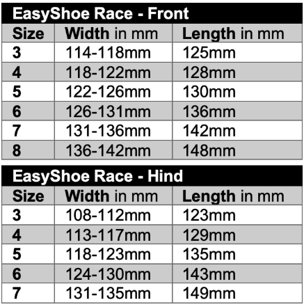 EasyShoe Race Size Charts