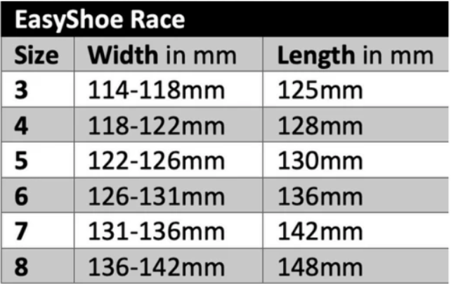 EasyShoe Race Wedge Size Chart
