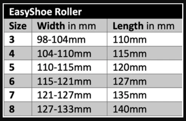 EasyShoe Roller Wedge Size Chart