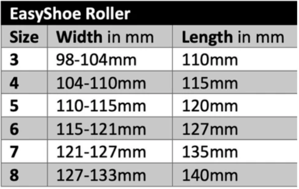 EasyShoe Roller Wedge Size Chart