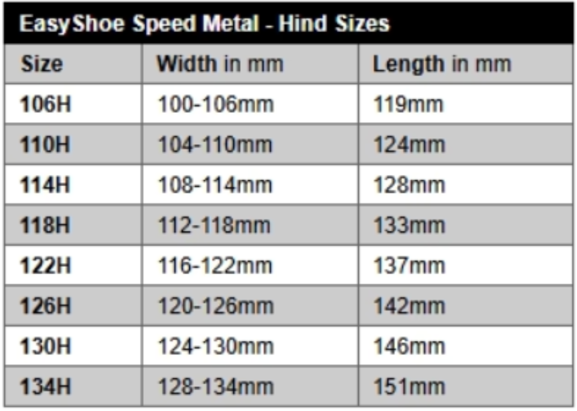 EasyShoe Speed Metal Sizing Chart - Hind Sizes