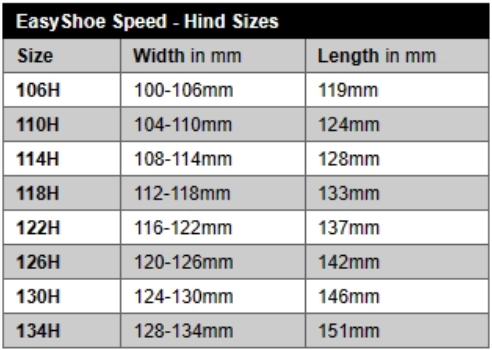 EasyShoe Speed Size Chart - Hind Sizes