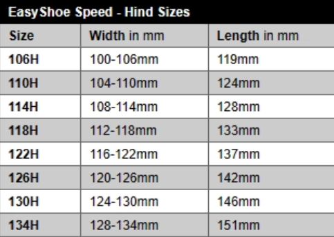 EasyShoe Speed Size Chart - Hind Sizes