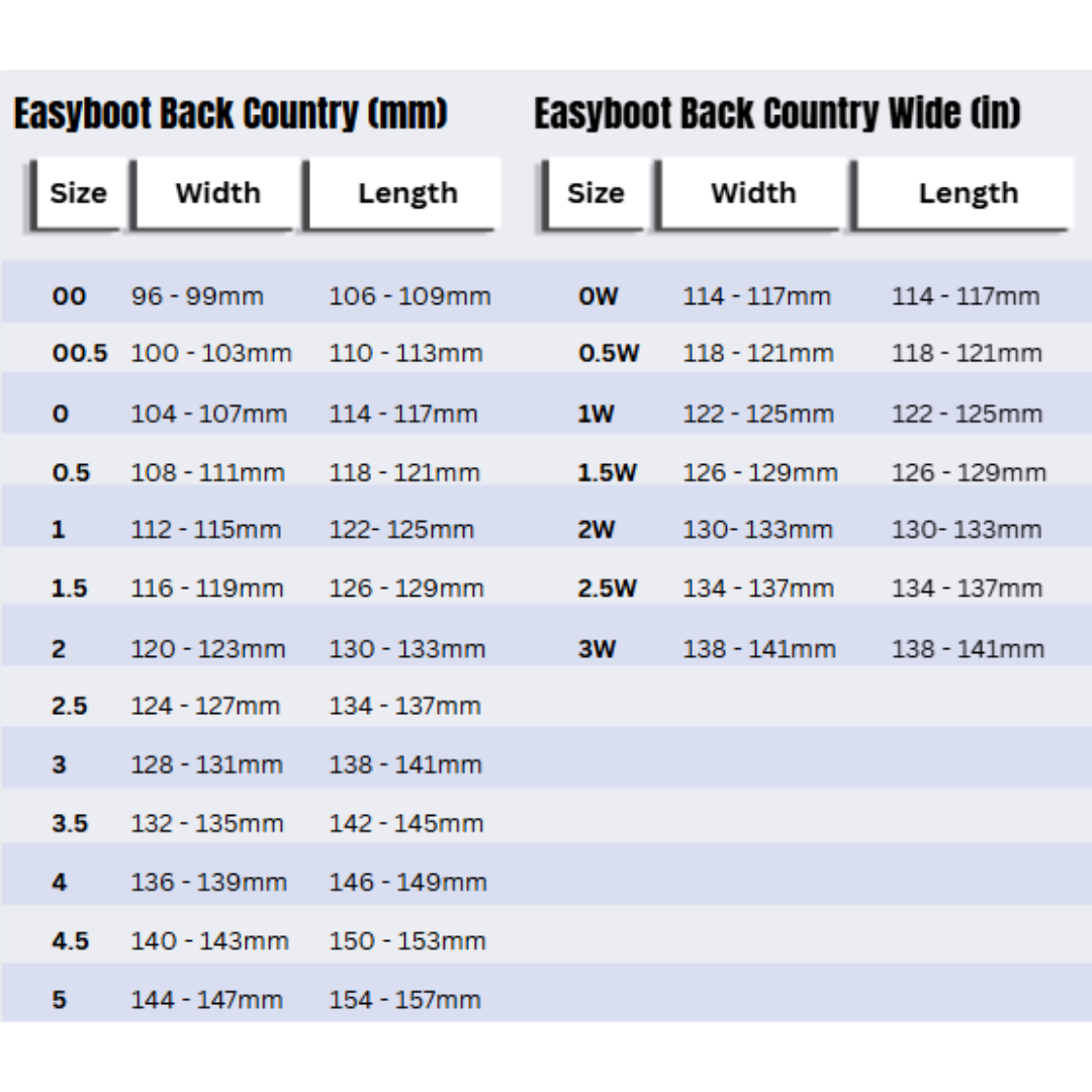 Easyboot Back Country Size Charts