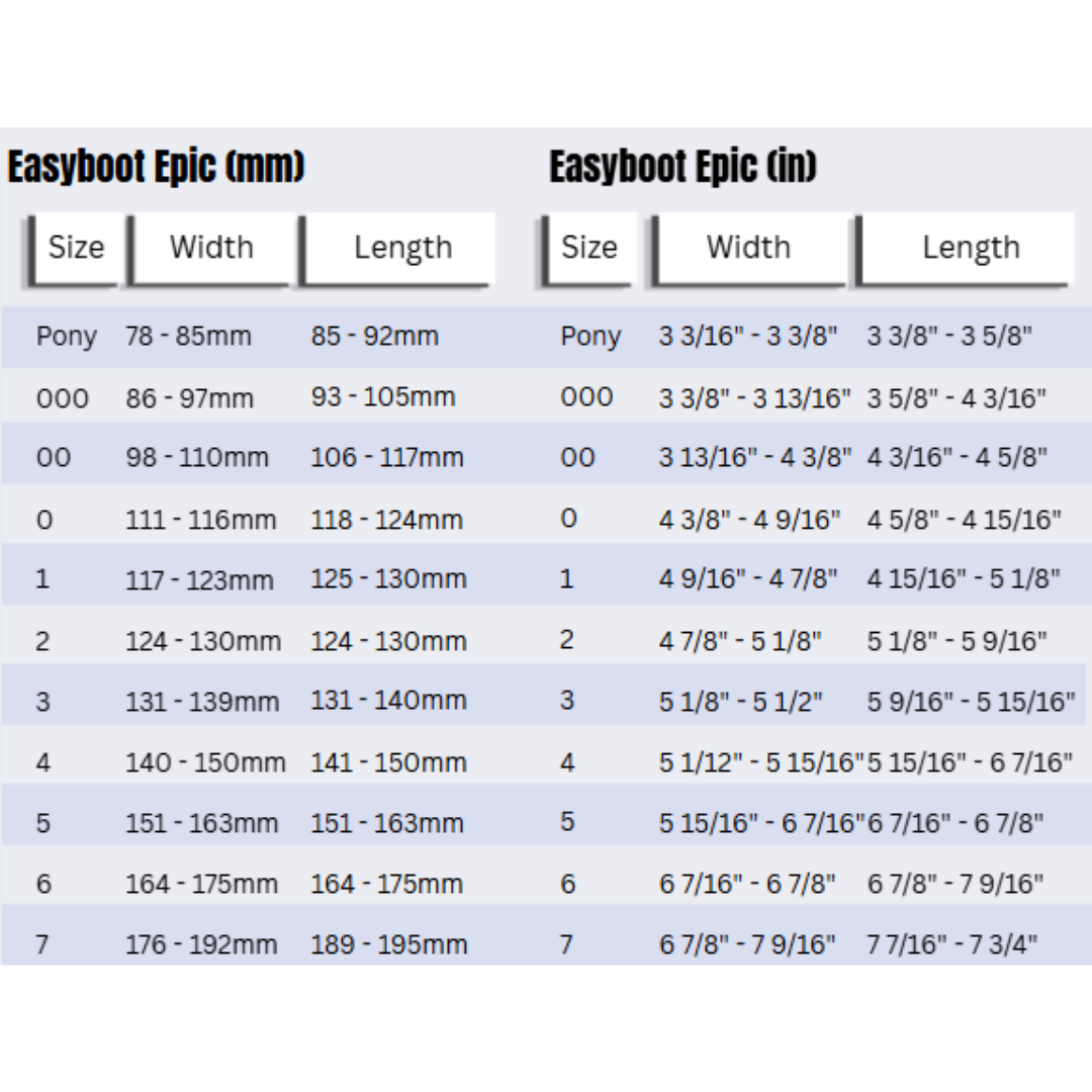 Easyboot Epic Size Chart