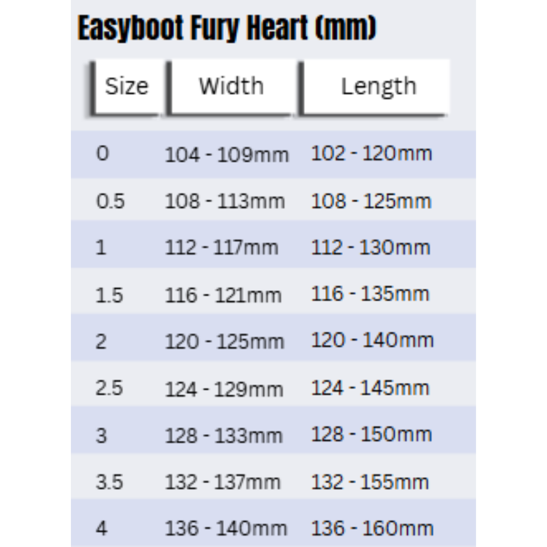 Easyboot Fury Heart Size Chart