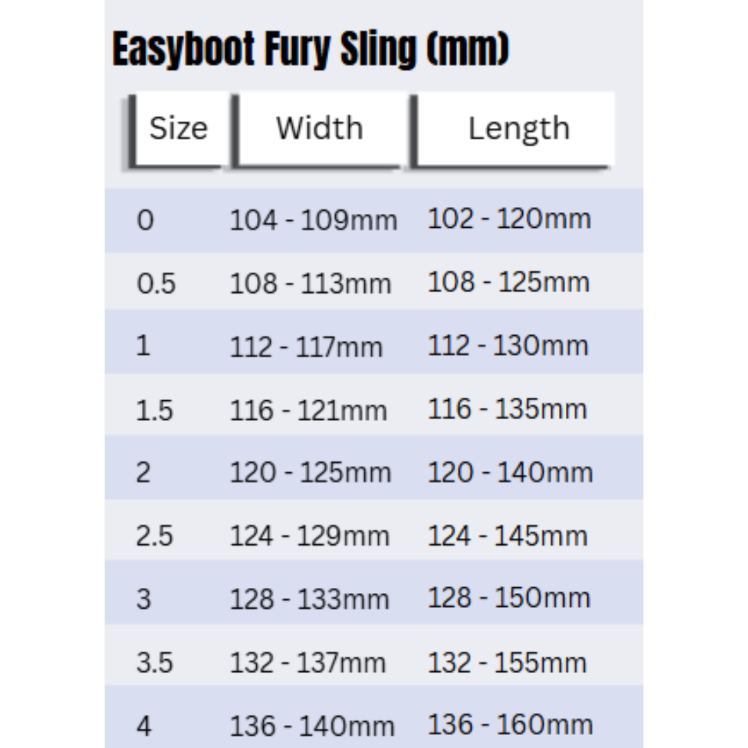 Easyboot Fury Sling Size Chart