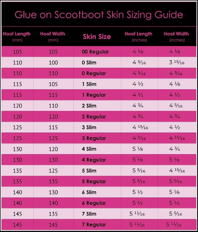 Scootboot Glue-On Shoe Sizing Chart