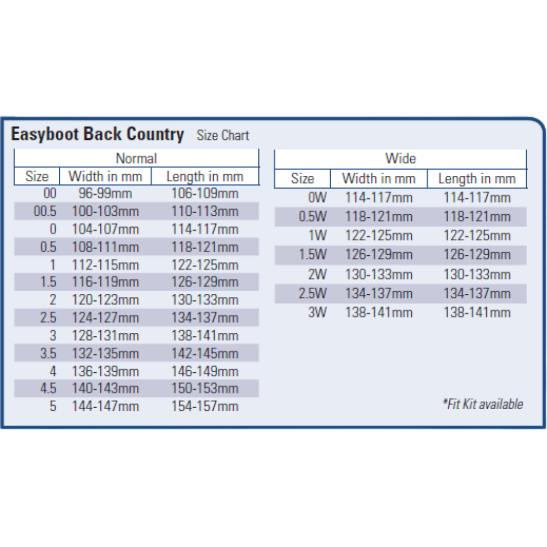 EasyCare Easyboot Back Country (2016) Size Chart