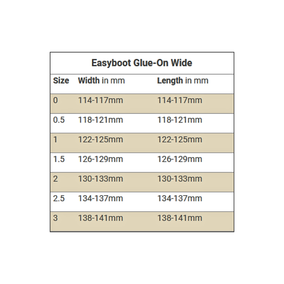 EasyCare Easyboot Glue-On Wide Size Chart