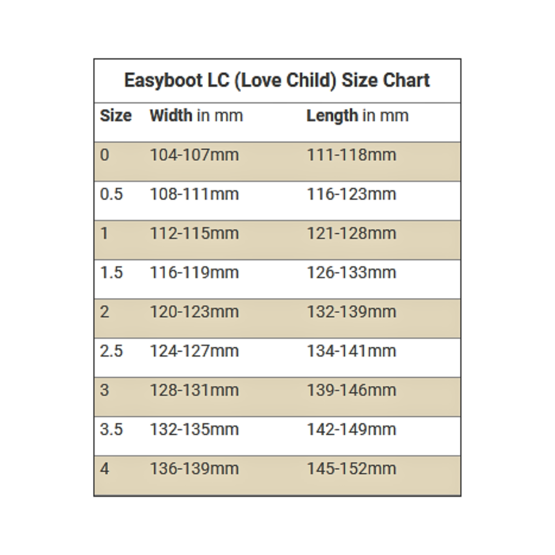 EasyCare Easyboot LC (Love Child) Size Chart