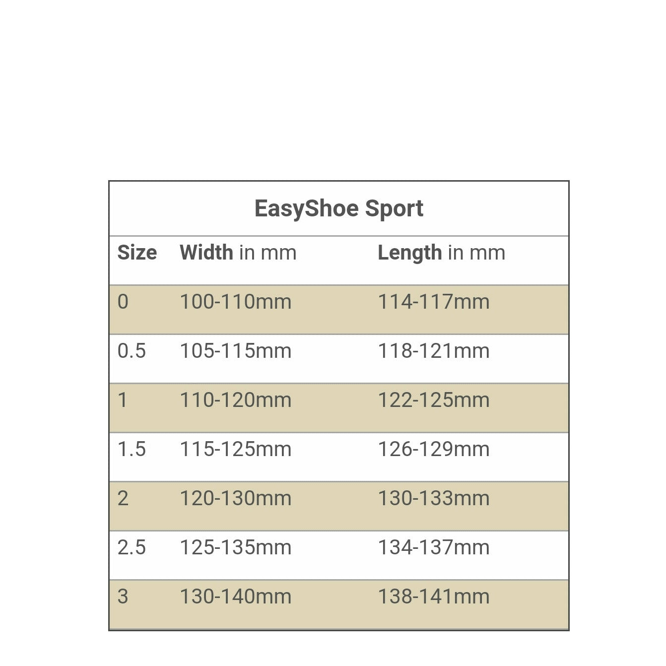 EasyCare Easyshoe Sport Size Chart