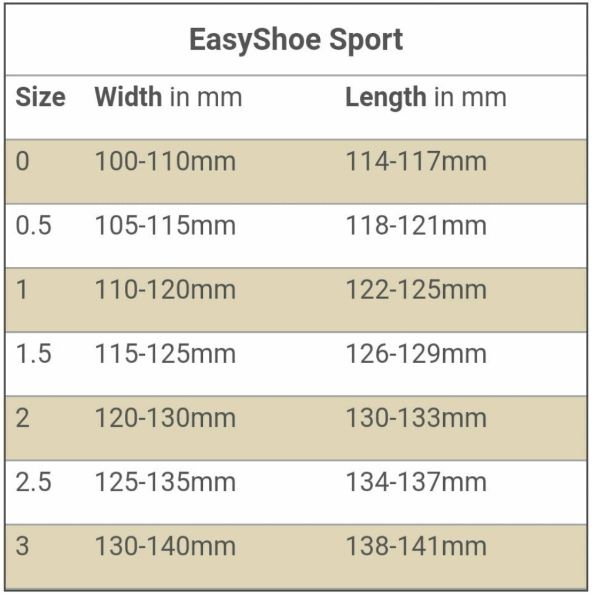 EasyCare Easyshoe Sport Size Chart