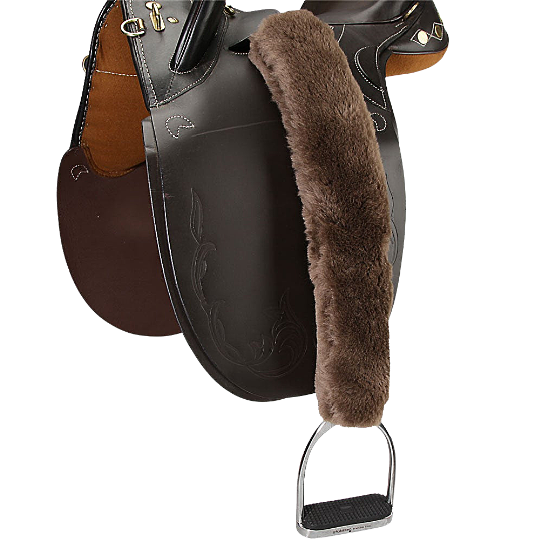 Sheepskin 1" Stirrup Leather Covers Pair - Tube Style in Brown on Saddle