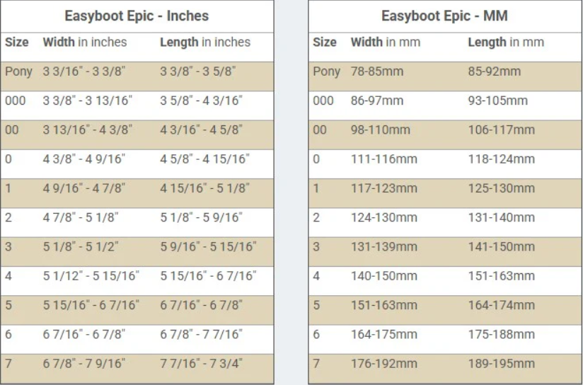 EasyBoot Epic Size Chart