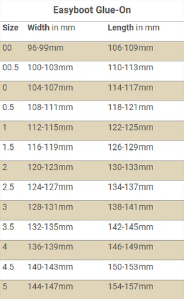 EasyBoot Glue-On Regular Size Chart