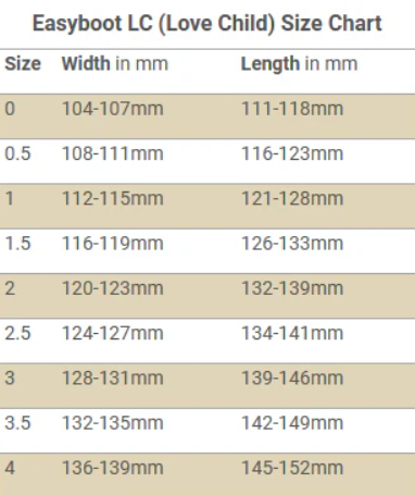 EasyBoot Love Child Size Chart