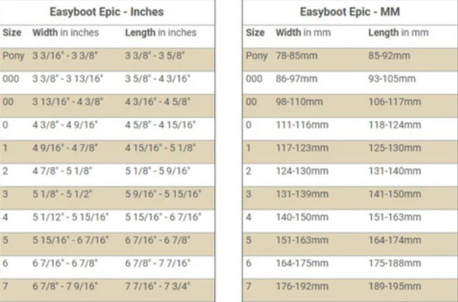 EasyBoot Original/Epic Size Chart