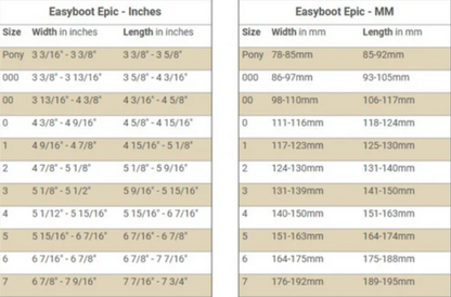 EasyBoot Original/Epic Size Chart