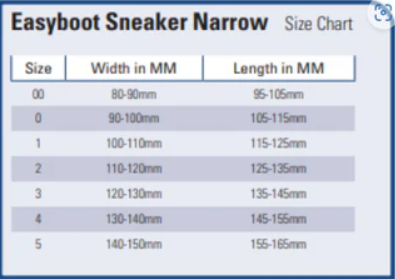 EasyBoot Sneaker Narrow Size Chart