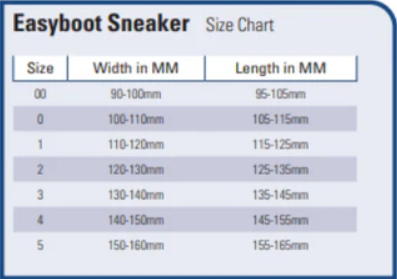 EasyBoot Sneaker Size Chart