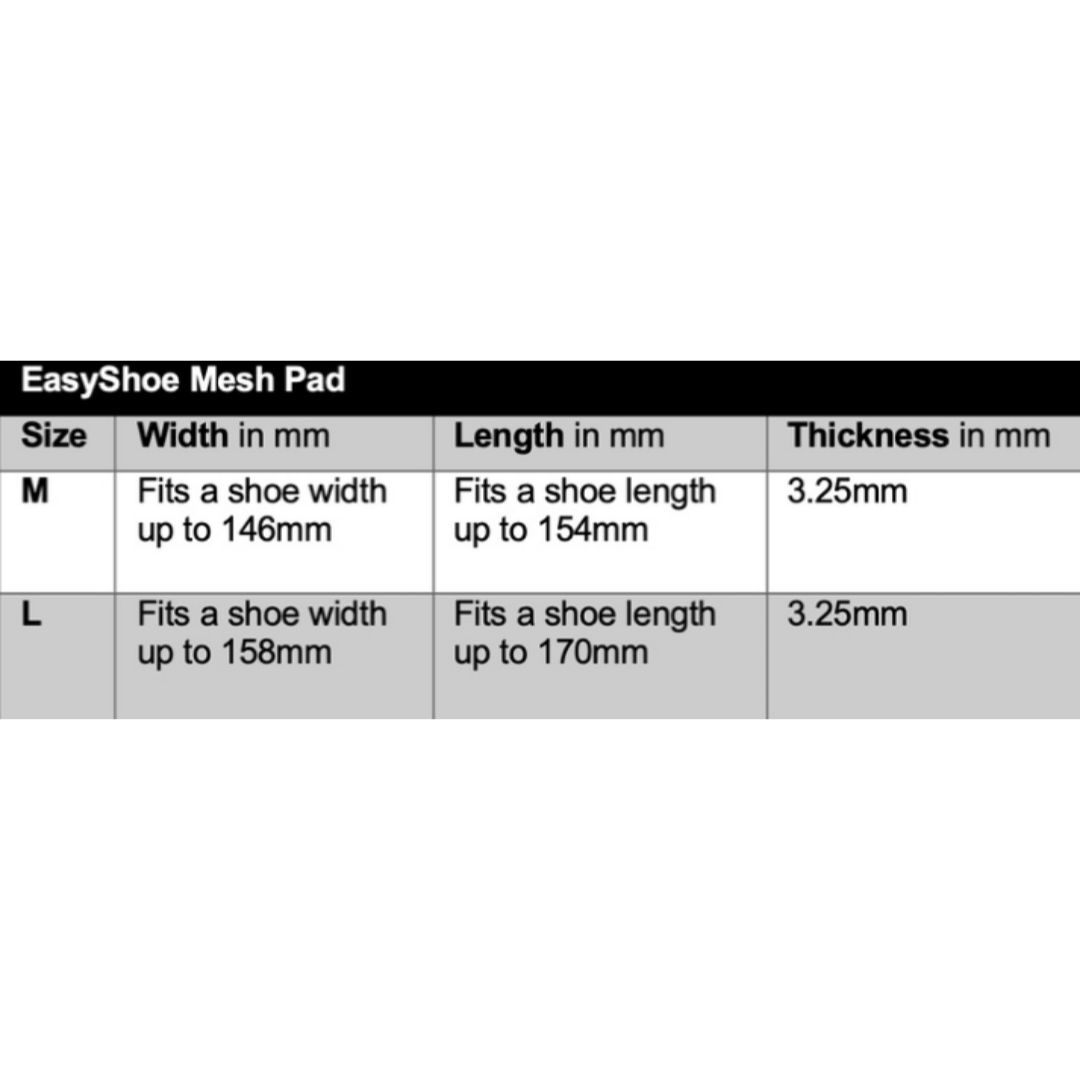 EasyShoe Mesh Pad Size Chart