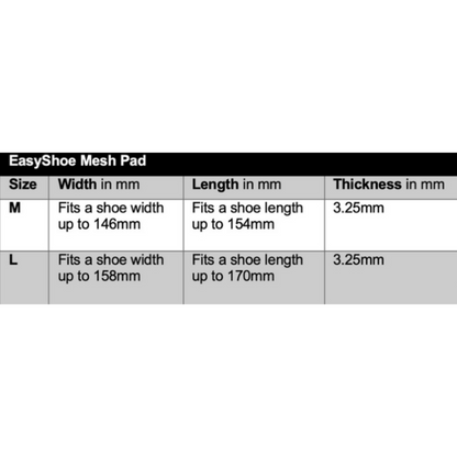 EasyShoe Mesh Pad Size Chart