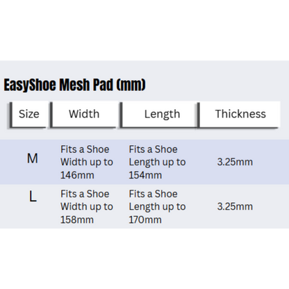 EasyShoe Mesh Pad Size Chart