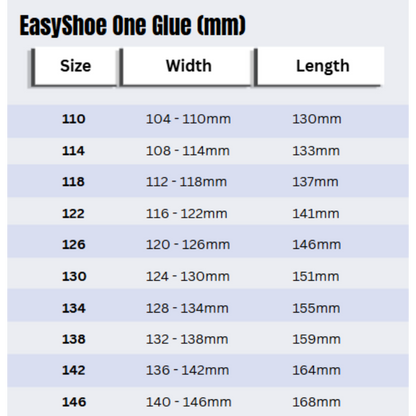 EasyShoe One Glue Size Chart