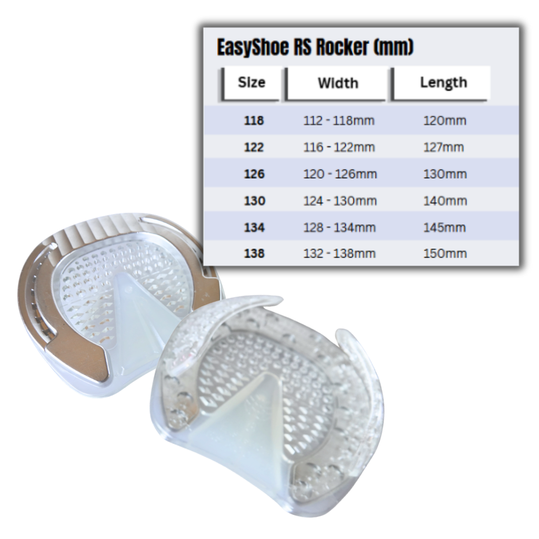 EasyShoe RS Rocker - Top and Underside with Size Chart