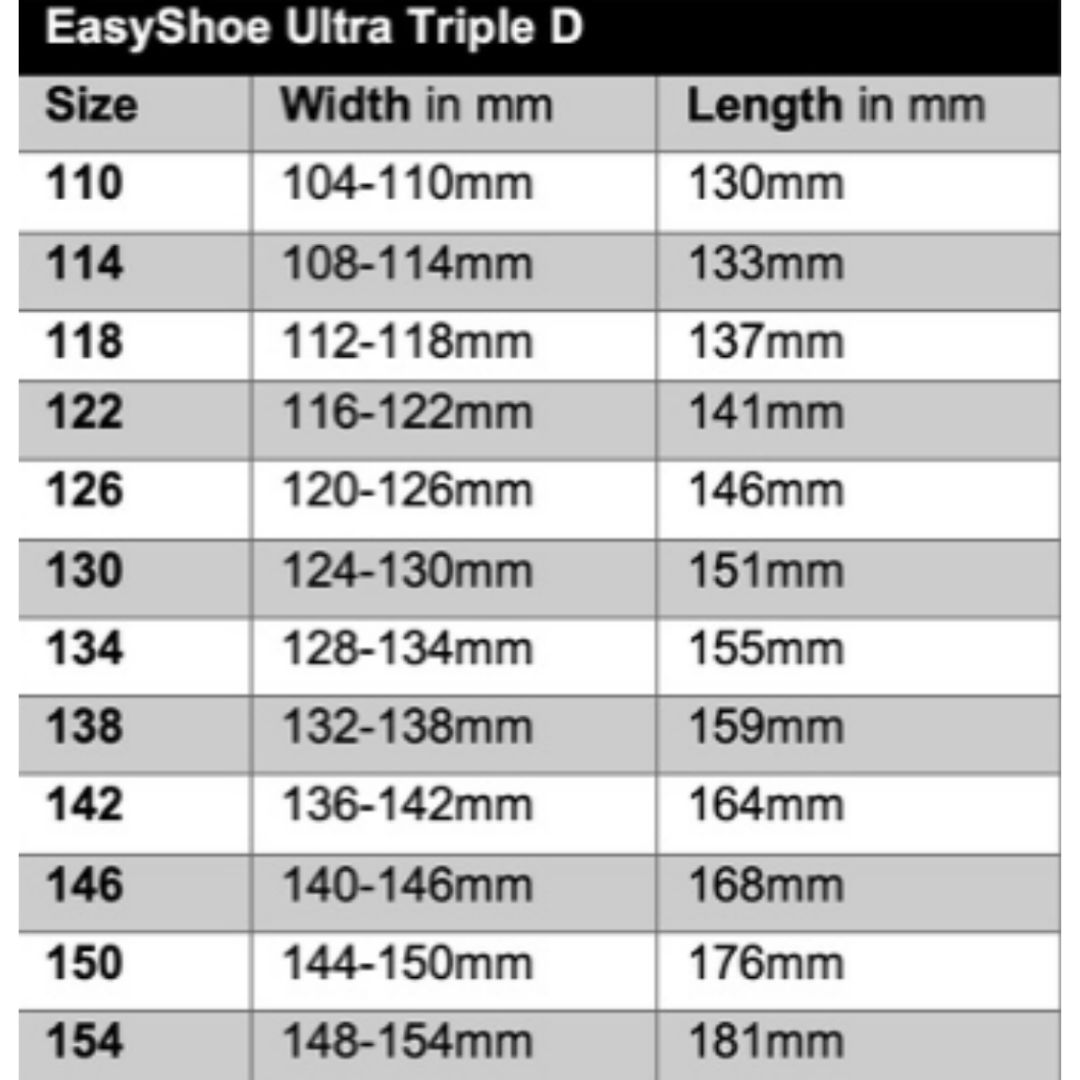 EasyShoe Ultra Triple D Size Chart