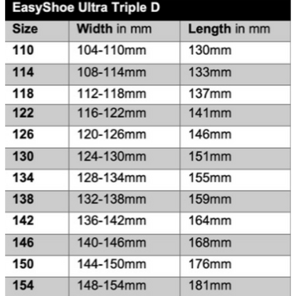 EasyShoe Ultra Triple D Size Chart