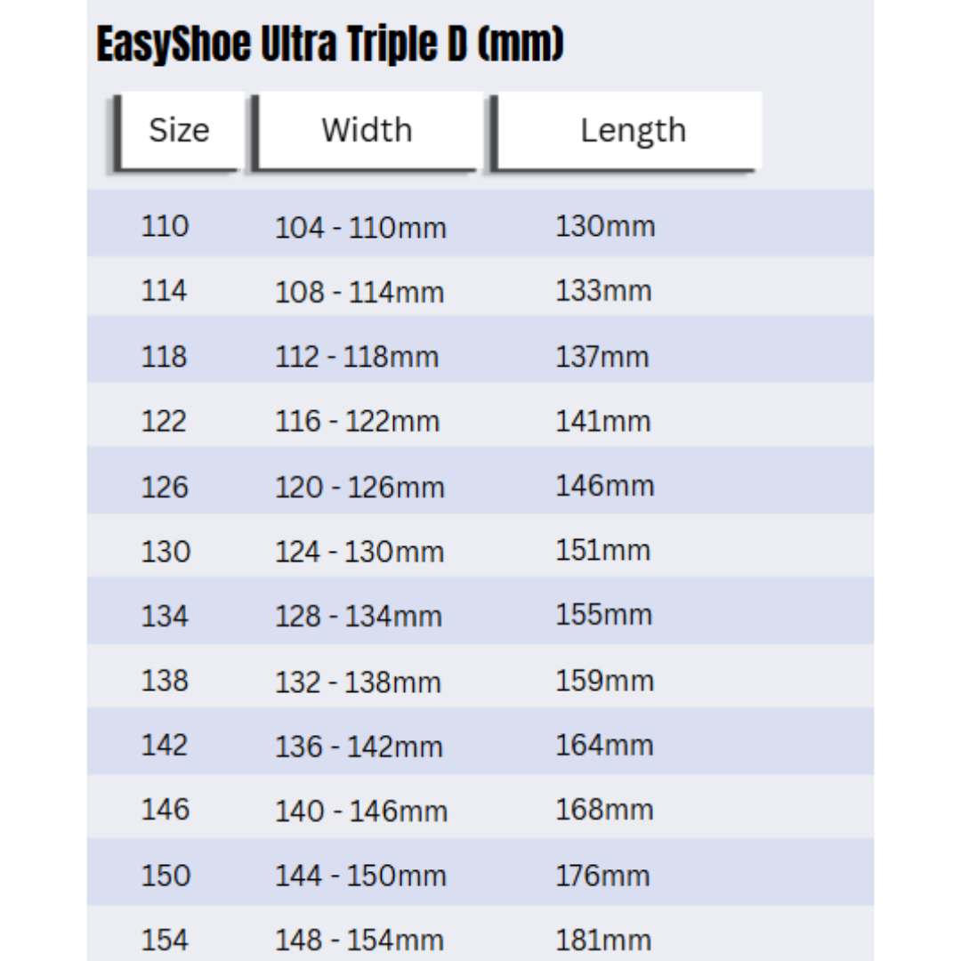 EasyShoe Ultra Triple D Size Chart