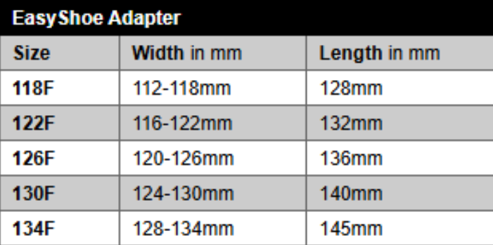 EasyShoe Adapter Models Size Chart