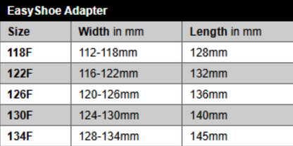 EasyShoe Adapter Models Size Chart