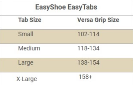 EasyShoe EasyTabs Sizing Chart