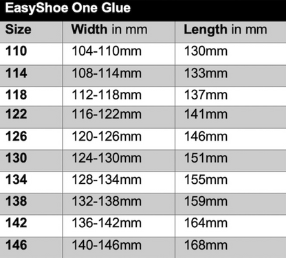 EasyShoe One Glue Size Chart