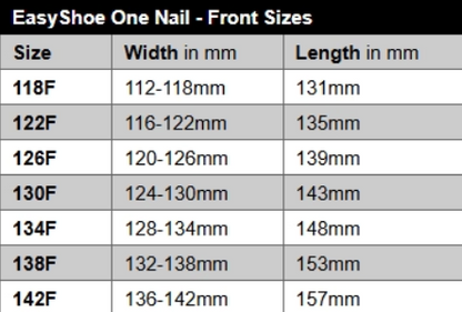 EasyShoe One Nail Size Chart - Front Sizes