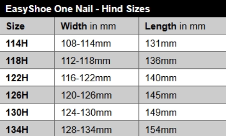 EasyShoe One Nail Size Chart - Hind Sizes