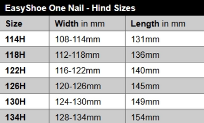 EasyShoe One Nail Size Chart - Hind Sizes