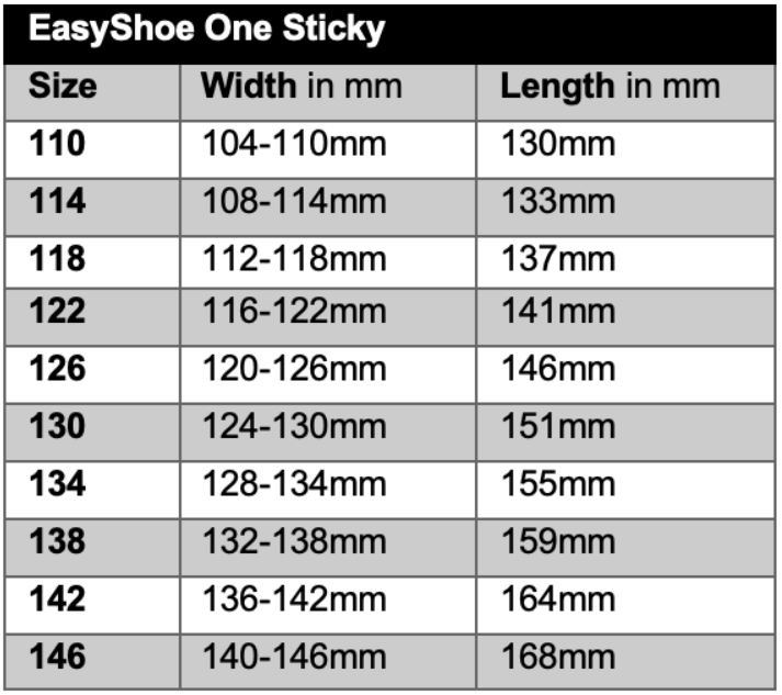 EasyShoe One Sticky Size Chart