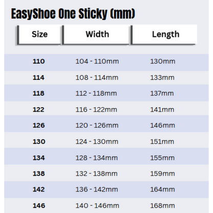 EasyShoe One Sticky Size Chart