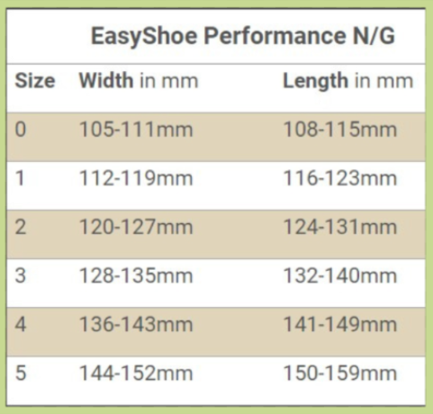 EasyShoe Performance N/G Size Chart