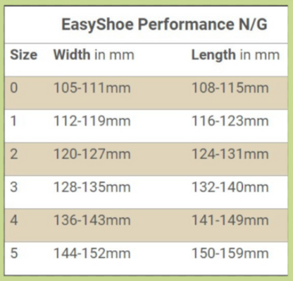 EasyShoe Performance N/G Size Chart