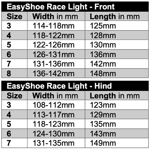 EasyShoe Race Light Size Charts