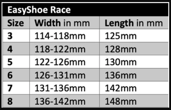 EasyShoe Race Wedge Size Chart